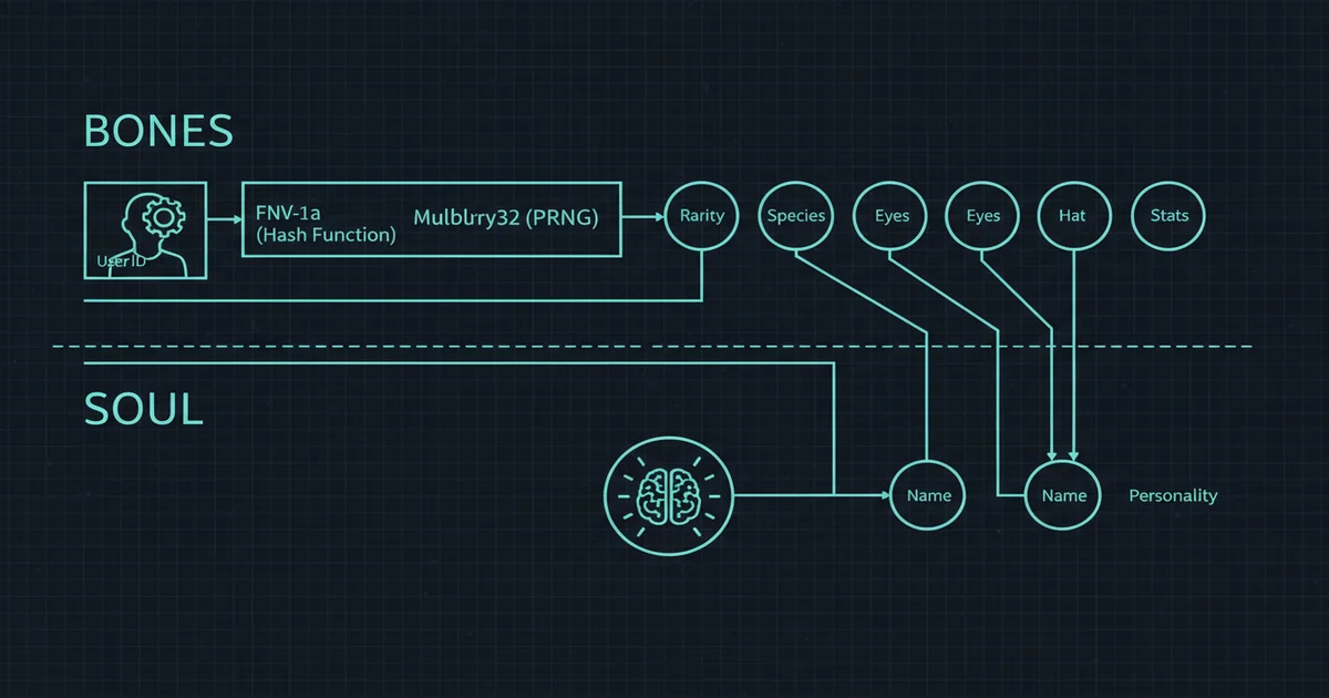Claude Code Buddy dual-layer architecture: Bones deterministic generation and Soul LLM personality