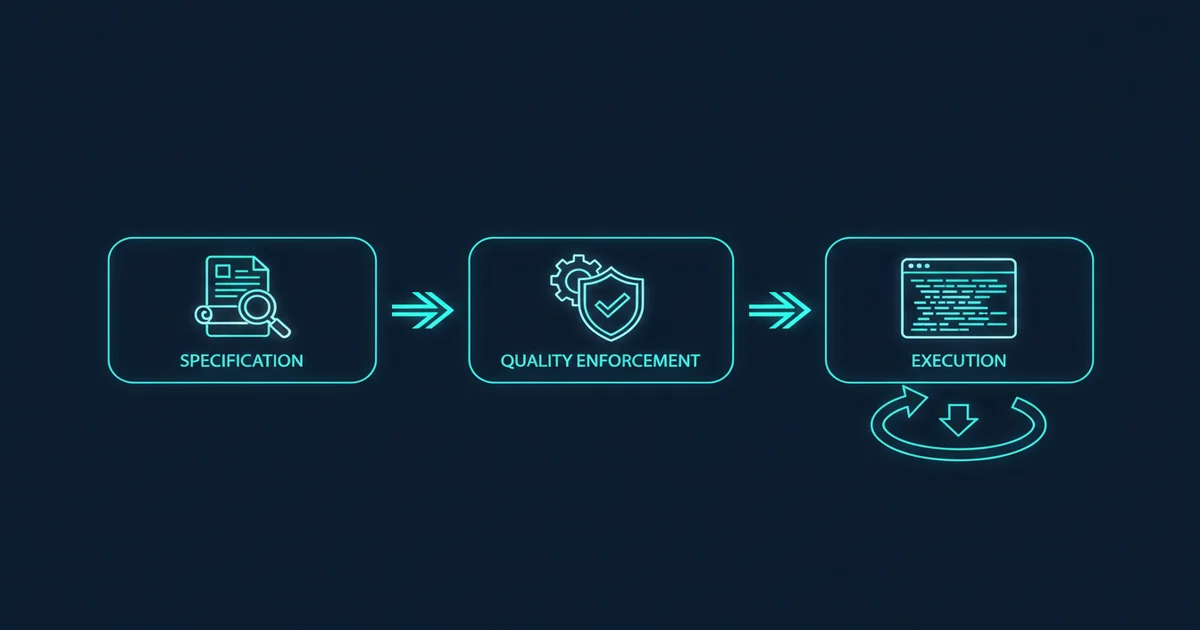 Three-layer workflow pipeline: specification, discipline enforcement, and code execution