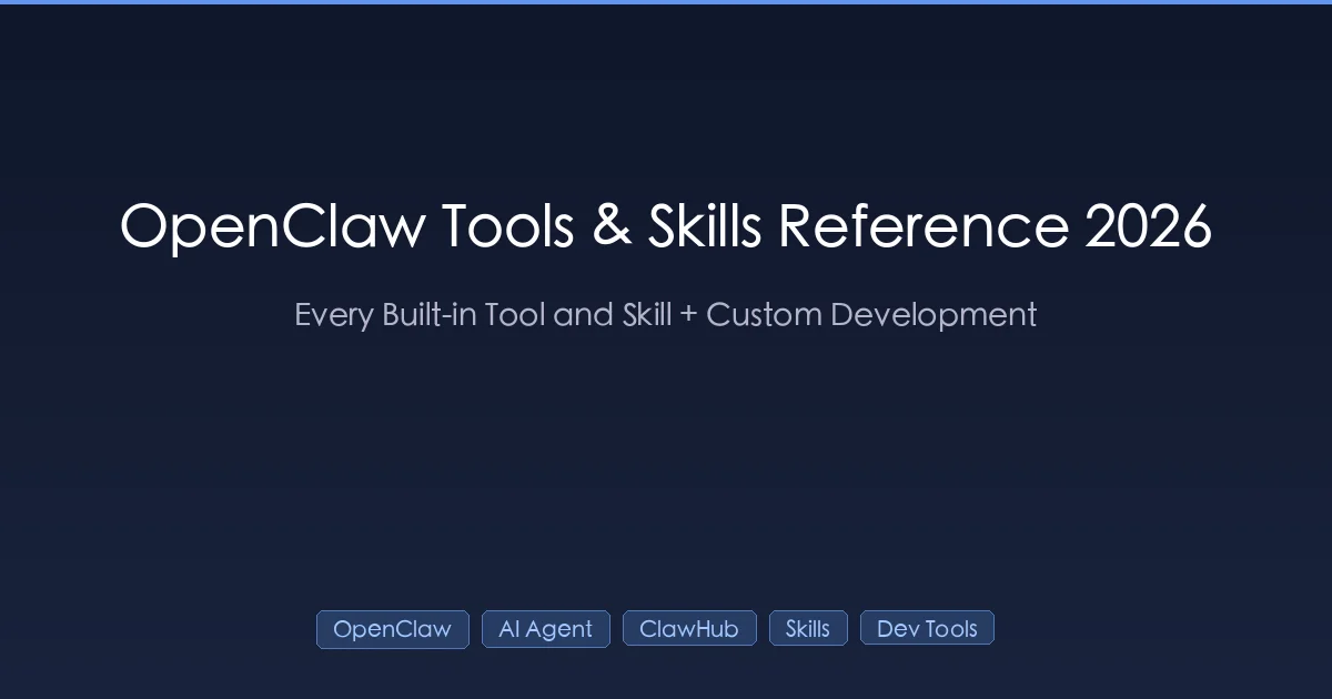 OpenClaw Tools and Skills Reference 2026 cover showing ClawHub skill architecture and built-in tool parameters