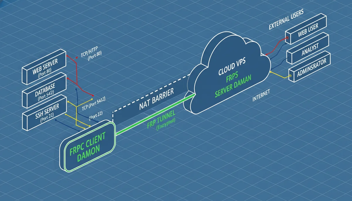 frp 架构 —— frpc 客户端将多种本地服务穿过 NAT 隧道到 frps 服务端