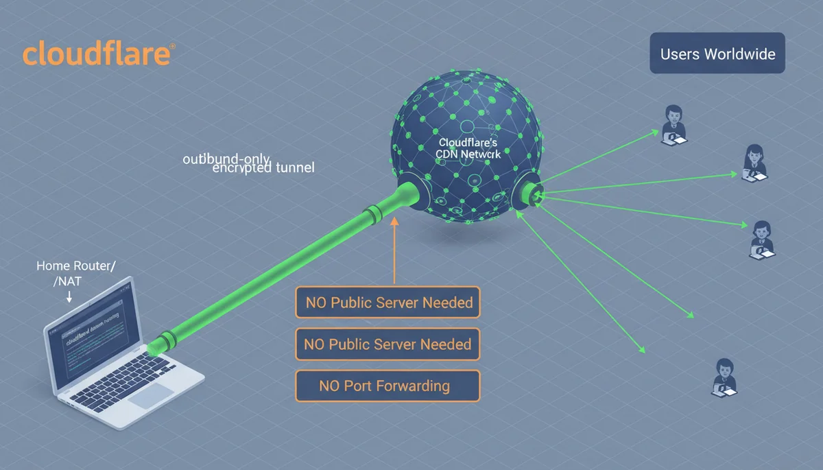 Cloudflare Tunnel 架构 —— cloudflared 出站连接到 Cloudflare CDN，无需公网服务器