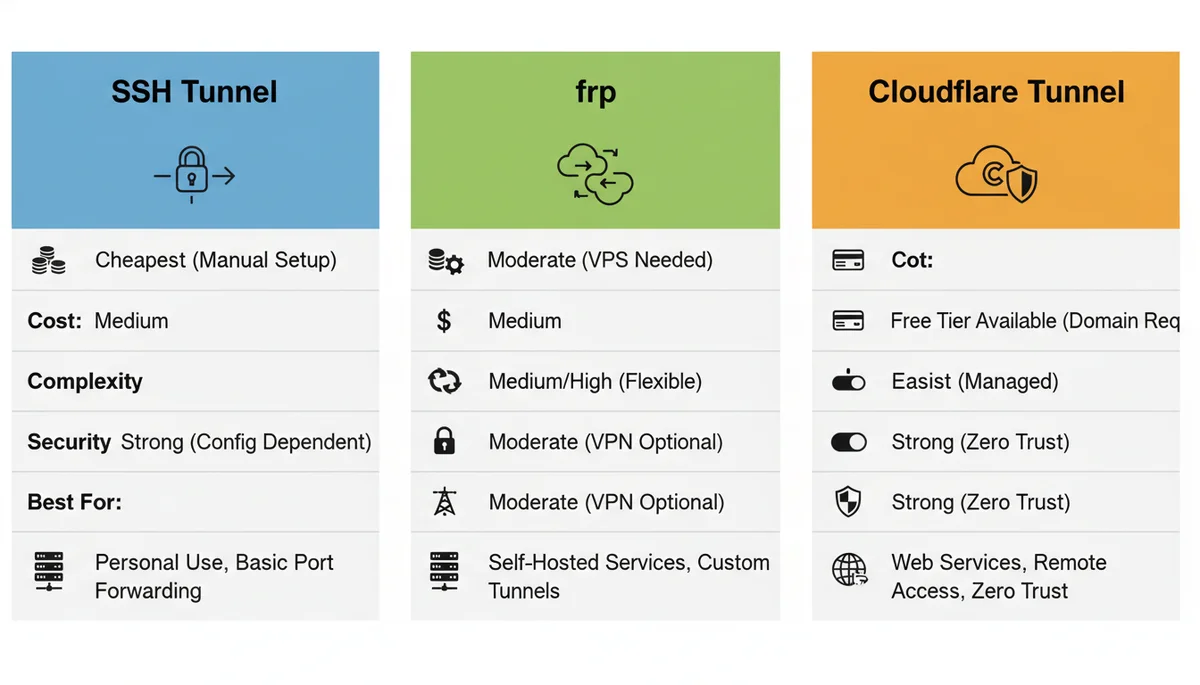 SSH 隧道 vs frp vs Cloudflare Tunnel —— 成本、复杂度、安全性和适用场景对比
