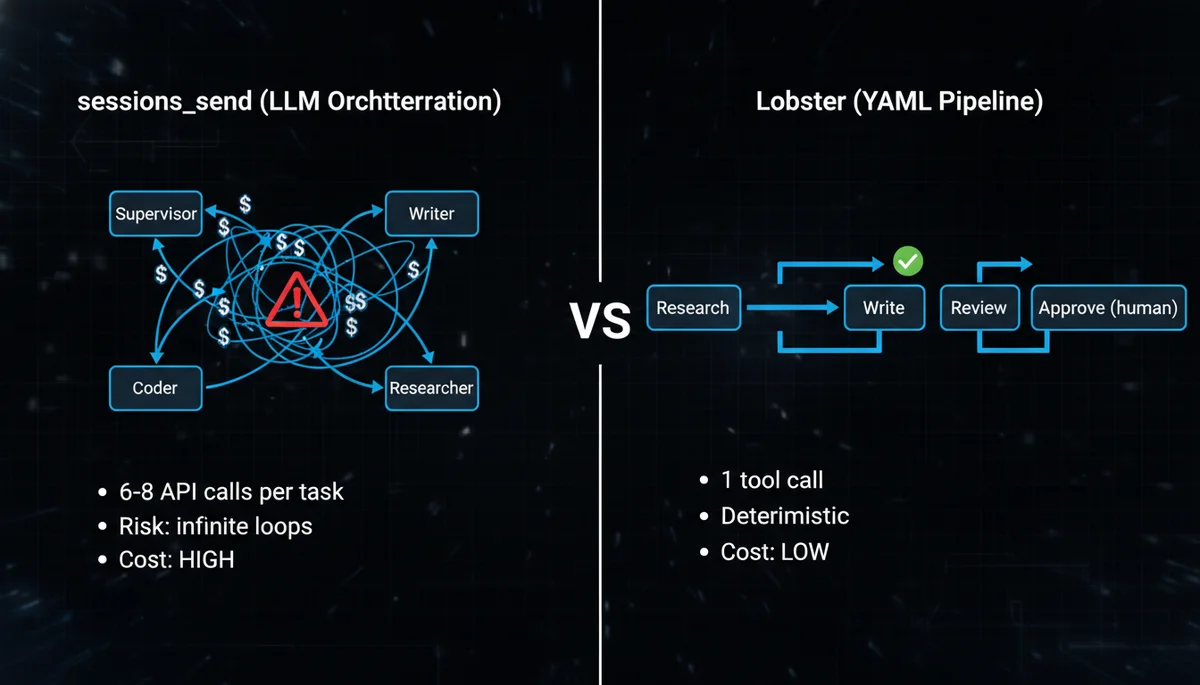 sessions_send LLM 编排 vs Lobster 确定性流水线：成本和可靠性对比