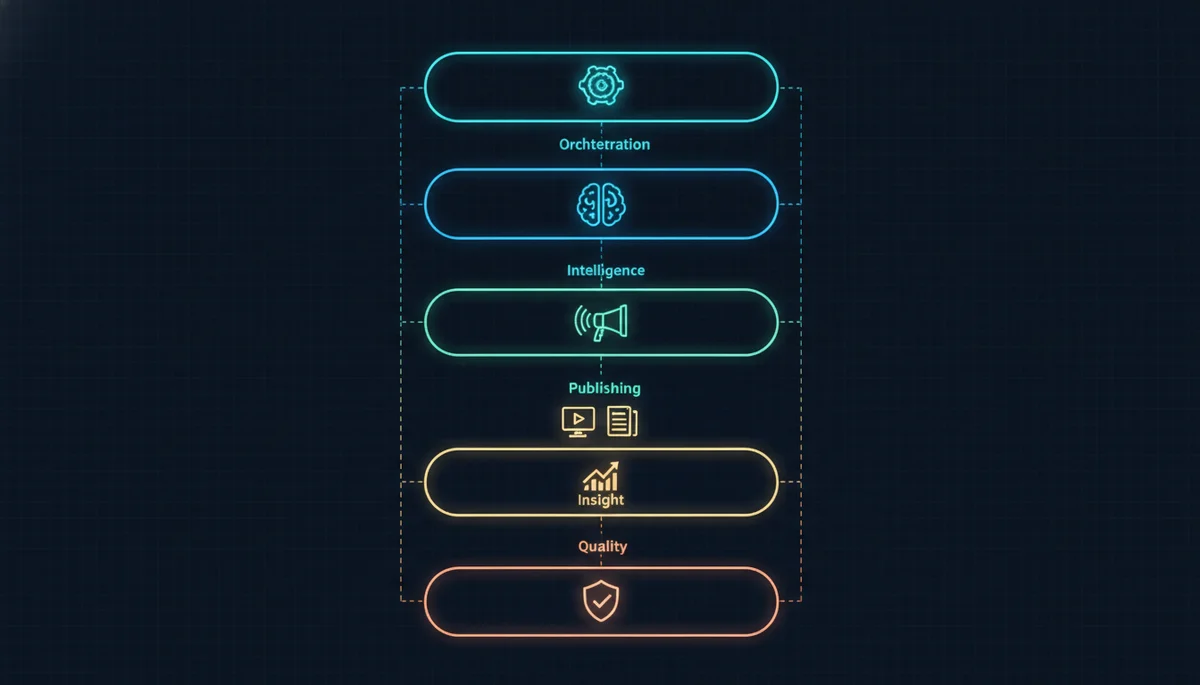 6-layer AI marketing stack architecture — orchestration, intelligence, publishing, content, insight, quality