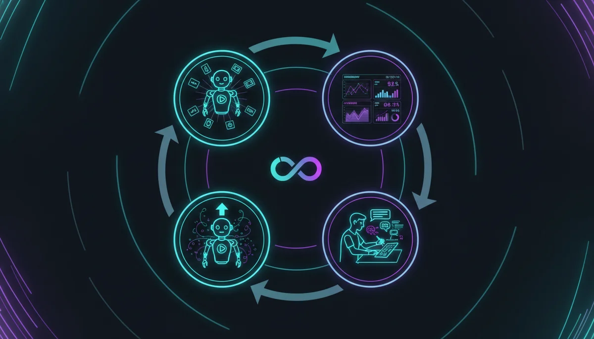 Human-AI collaboration flywheel — AI generates, data feeds back, human reviews, AI learns