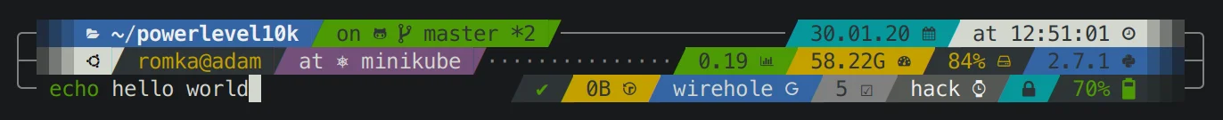 Powerlevel10k Rainbow 样式，彩色分段显示 Git 状态和系统信息
