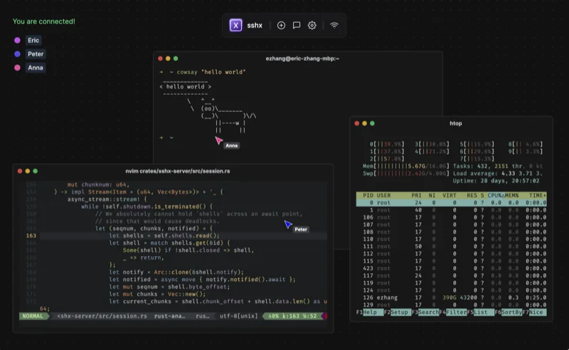 sshx 界面，基于 Web 的多人协作终端支持端到端加密